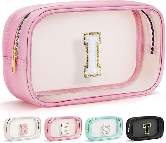 YOOLIFE Initial Make Up Bag Travel Toiletry Bag, Clear Makeup Bag Preppy Cosmetic Bags Organizer Travel Essentials Pink Gifts for Women Teen Girlfriend Teacher Mom Birthday Mothers Day Gifts I