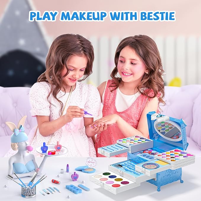 Kids Makeup Sets for Girls, 66pcs Real Cosmetic for Kids Toys with Mirror, Princess Washable Girls Makeup Kit, Non-Toxic & Safe Brithday Gifts for 3 4 5 6 7 8 10 - 12 Years Old（Blue）