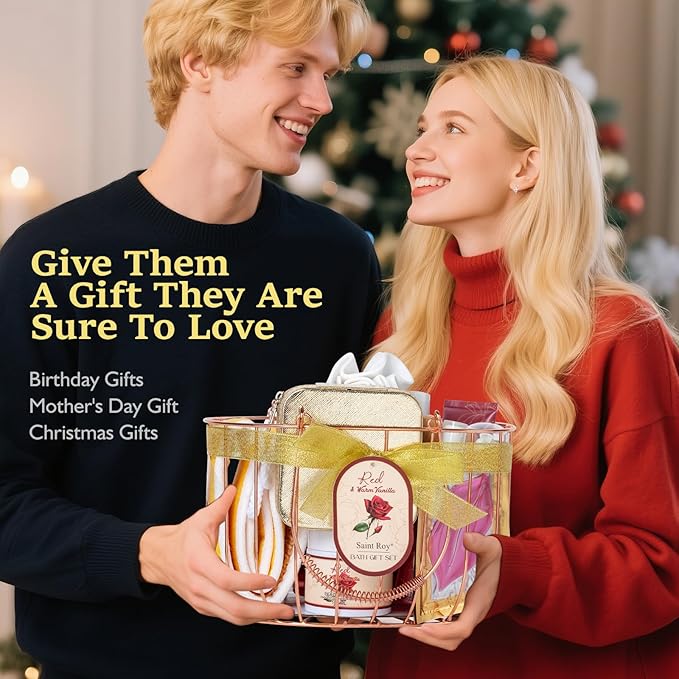 21Pcs Bath and Body Gift Basket Set for Women Christmas Gifts- Rose Vanilla XL Spa Gift Basket for Women Gifts｜ Bath Gift Set Home Bath Spa Self Care Kit - Thank You, Birthday Spa Gift Baskets