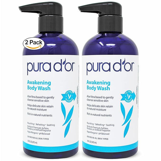 PURA D'OR Awakening Body Wash (16oz x2 = 32oz) Aloe Vera, Chamomile, Lavender, Tea Tree for Invigorating Earthy Scent, pH Balanced for Moisturized Soft, Fresh-Feeling Skin, All Skin Types, Men & Women