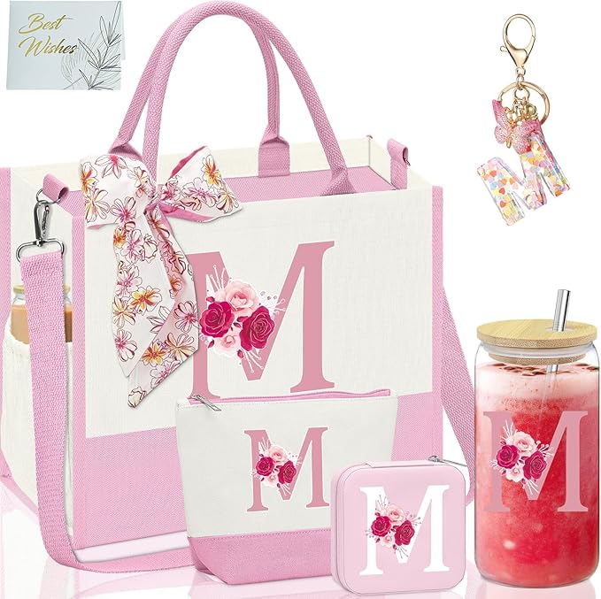 Monogrammed Gifts for Women,Personalized Gift for Women,Initial Canvas Tote Bag,16oz Initial Glass Cup,Makeup Bag for Sister,Jewelry Organizer Box,Birthday Gifts for Aunt Niece-M