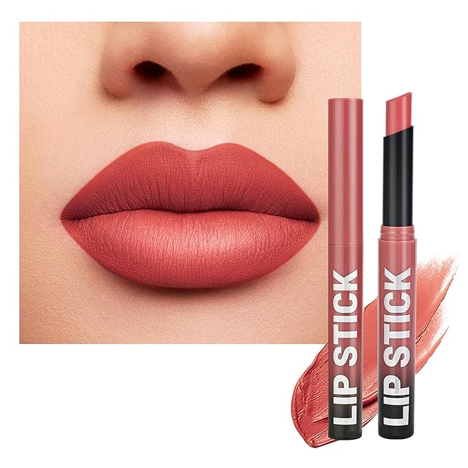 Peach Nude Matte Lipstick，Creamy Silky Matte+Lipsticks，Hydrating Balm-in-Lipstick，Velvety Finish for Women Daily Lip Makeup，High-pigment Formula，Easy to use and color，Vegan & Cruelty-Free 02#