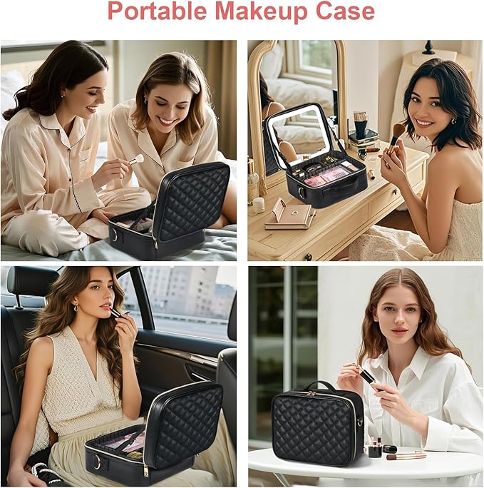 Makeup Case with LED Light Mirror, Professional Portable Travel Cosmetic Organizer Bah with Adjustable Dividers, USB Charging, Large Capacity, Ideal for Travel, Gift for Women Girls, Black
