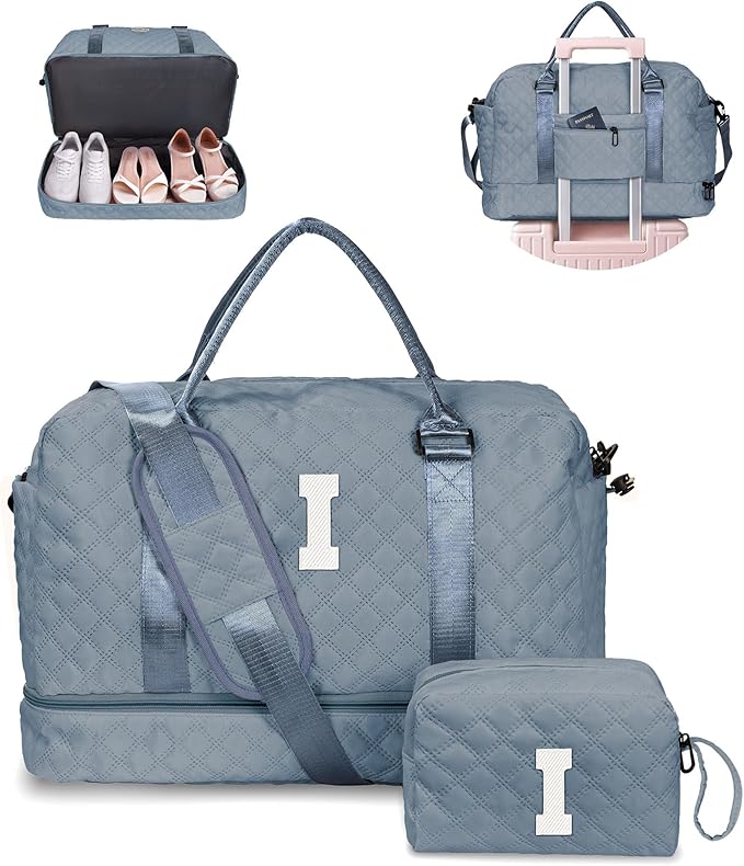Gifts for Friends - Initial Duffle Bag with Shoe Compartment, Personalized Weekender Overnight Travel Bag with Monogram, Birthday Gift for Daughter Sister (Letter I)