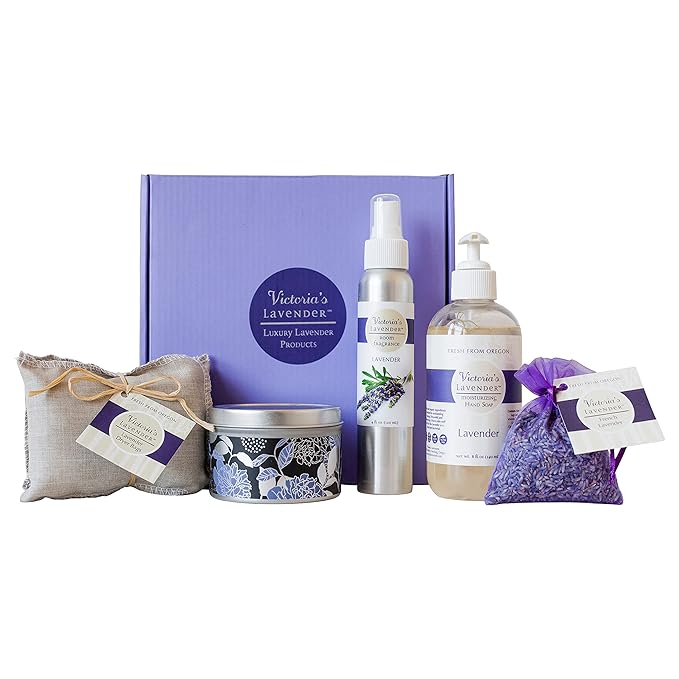 Victoria's Lavender Home Essential Products Set - Made in the USA Collection, Includes Soy Candle, Room Spray, Hand Soap, Organza Sachets, Dryer Bags, Ideal Gift Set for Home Buyers - Lavender (5 Pcs)