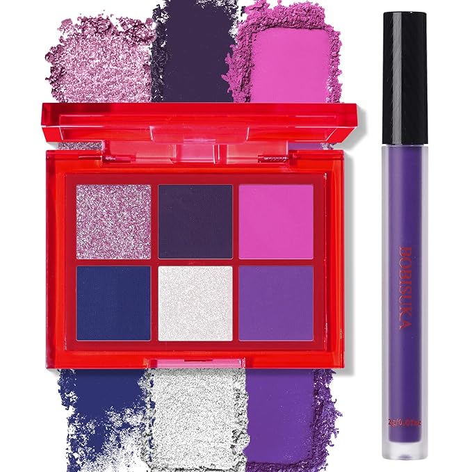 BOBISUKA Eyeshadow Makeup Palette + Matte Lipstick Kit, 6 Colors Purple Blue Pink Shimmer Matte Eye Shadow Pallet with Purple Liquid Lipgloss Set for Halloween, Costume, Cosplay, Witch, Ursula Makeup