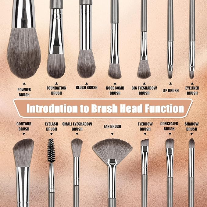 Makeup Brushes, 14 Pcs Professional Makeup Brush Set, Eye and Face Foundation Brush Set, Eyeshadow Brushes, Cosmetic Brushes, with Envelope Bag, Dark Gray