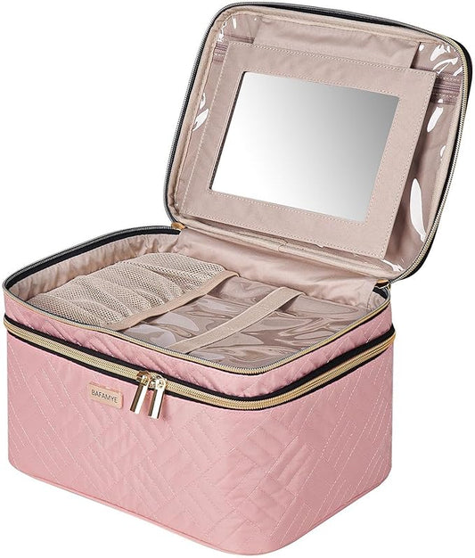 8.8L Double Layer Travel Makeup Bag With Mirror For Women, Large Cosmetic Case, Organizer for Travel-Size Accessories Bottles, Brushes,and Skin Care Products, 2.33 GAL, Pink