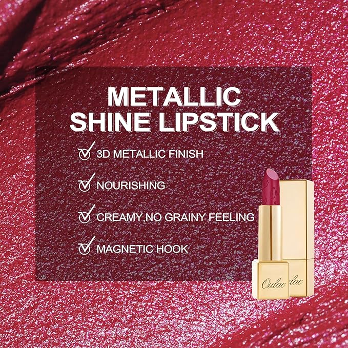 Oulac Matte Lipstick with Glow Metallic Finish - Vegan Lipstick for Women, Creamy Texture, Hydrating Clean Beauty Formula, High-End Magnetic Hook Design, GM15 She's A Lover