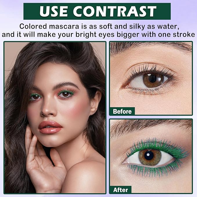Green Mascara and Eyeliner Set,Natural Curling Green Mascara for Eyelashes,Volumizing Lengthening Rimel de Pestañas Waterproof,5D Colored Eye Makeup