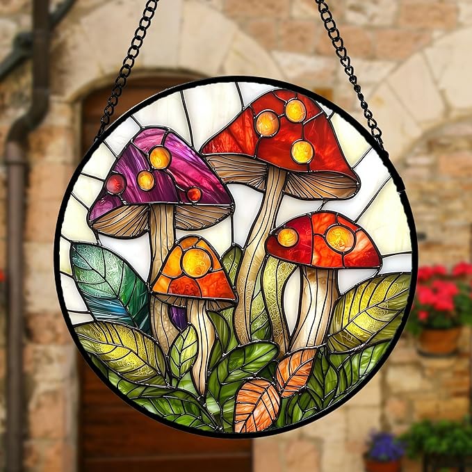 Stained Glass Window Hanging, Mushroom Leaves Suncatcher for Doors Home Sun Catchers Decoration and Christmas, Mother's Day Birthday Gifts for Women, Men, and Mom 9.8 in