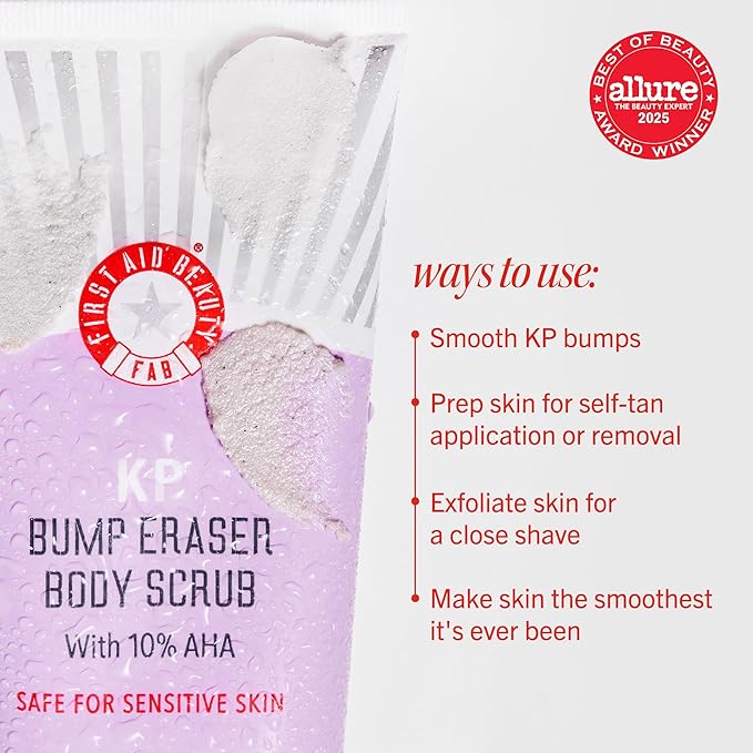 First Aid Beauty Smooth + Juicy Body Scrub Kit: KP Bump Eraser Body Scrub with 10% AHA, Daily Exfoliation Keratosis Pilaris Set to Help Reduce Chicken Skin Bumps; Strawberry, Peach, & Original (2 oz)