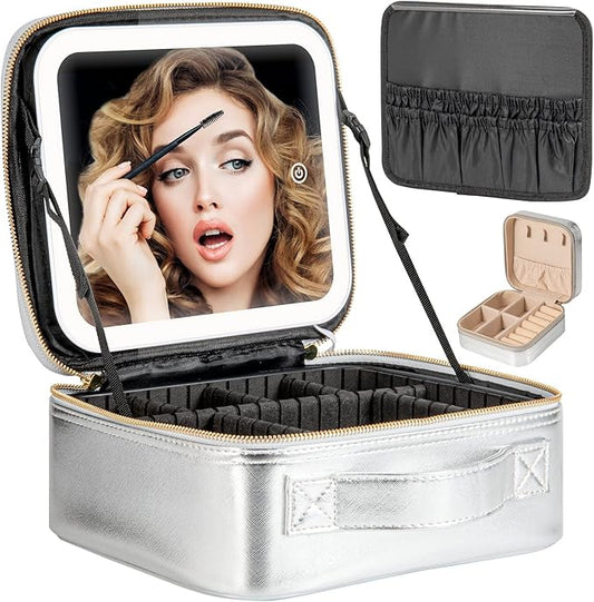 Makeup Travel Train Case with Mirror LED Light 3 Adjustable Brightness Large Cosmetic Bag Portable Storage Adjustable Partition Waterproof Make up Brushes Makeup Jewelry Gift for Women
