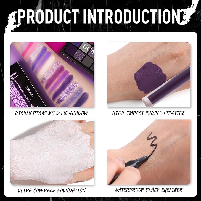 UCANBE Purple Halloween Makeup Kit – Witch Devil Sorceress Ursula Makeup Set for SFX Costume Cosplay - Eyeshadow Palette, White Foundation, Purple Lipstick, Black Eyeliner, Setting Powder & Sponges
