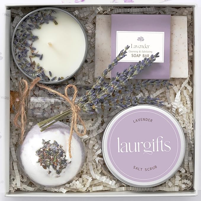 Lavender Spa Gift Set & Basket for Women – Relaxing Self Care Package with Candle, Bath Bomb, Soap & Scrub – Birthday, Thank You, Christmas, Housewarming, Bridal Shower, Get Well Soon Gifts