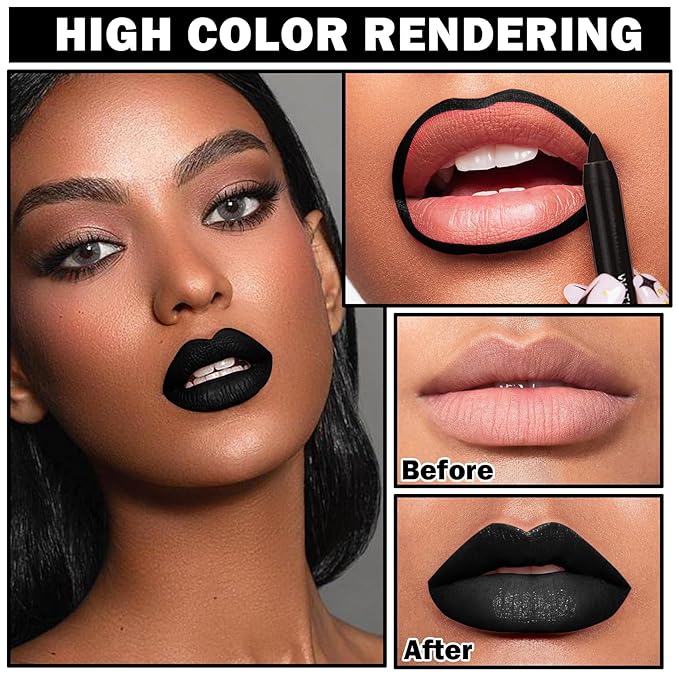Black Matte Lipstick and Lip Liner Pencil Set Black Liquid Lipstick Lip Gloss Set Smudge Proof Long-lasting, Suitable for Halloween Goth Cosplay Makeup Lip Makeup