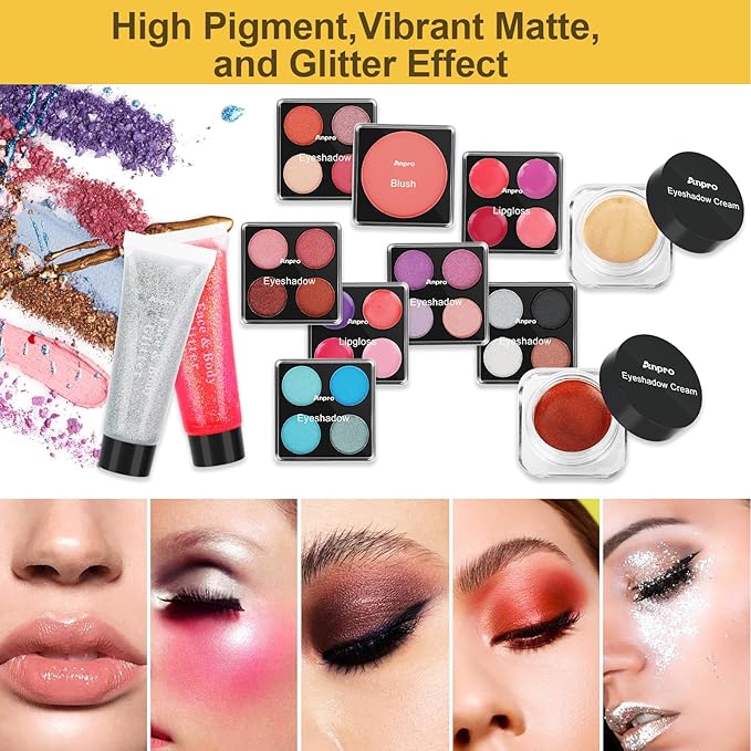 Anpro All-In-One Makeup Kit with Carry Case, Pro Teen Makeup Set, Full Starter Cosmetics Kit with Makeup Brushes, Lipsticks, Eye Shadows Palette, Blushes, Glitter Gel-Yellow Leopard