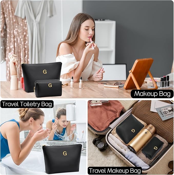 Women Gifts | Initial Makeup Bag Set for Girl Personalized Gifts for Bridesmaid Friend Graduation Teachers PU Leather Cosmetic Travel Toiletry Bag(Black,G)