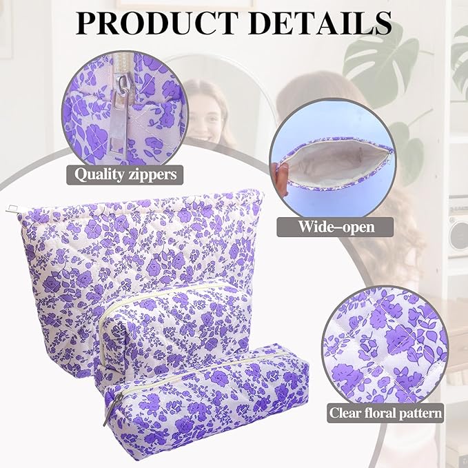 3 Piece Purple Quilted Floral Makeup Bag Set Small Cosmetic Bag For Women Cute Cotton Makeup Pouch For Purse