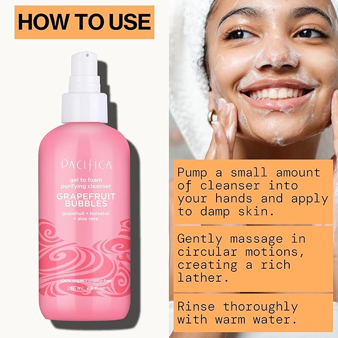 Pacifica Grapefruit Bubbles Gel-to-Foam Cleanser - Gentle Face Wash for Oily & Combination Skin, Helps Remove Excess Oil & Impurities, Helps Brighten, Vegan & Cruelty-Free Formula Dermatologist Tested