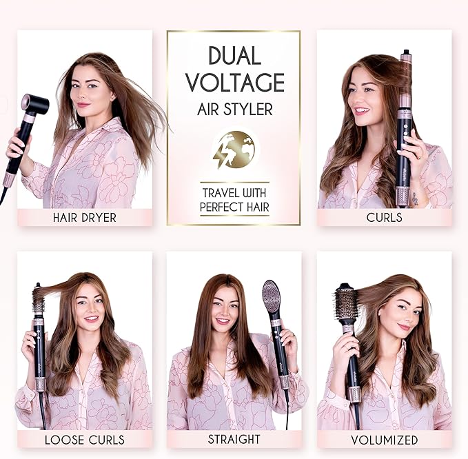 ELLA BELLA® 6 in 1 Professional Hot Air Styler Dual Voltage • Powerful Hair Dryer & Straightener Set • Styling Without Heat Damage • Fast Drying Curling Volumizing Straightening • with Travel Case