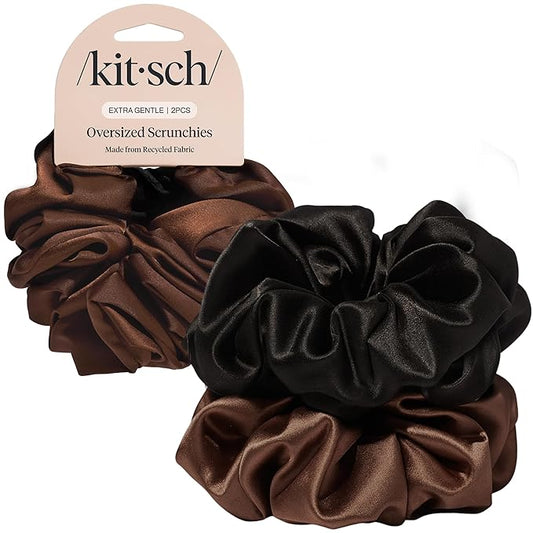 Kitsch Recycled Satin Oversized Scrunchies – Large Hair Scrunchies for Women, Eco-Friendly Hair Ties & Ponytail Holders | Ideal Gifts for Women - Black & Chocolate, 2pcs