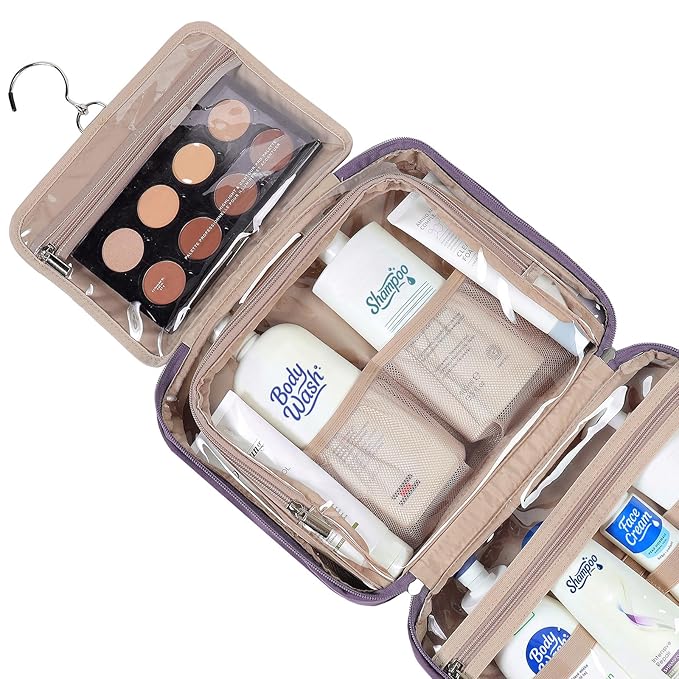 NISHEL Travel Toiletry Bag for Women Large Capacity, Makeup Essentials Organizer, Hanging Case for Accessories, Cosmetics, Purple