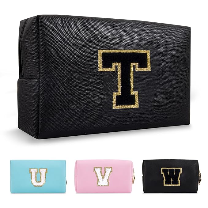 Personalized Initial A-Z Preppy Patch Makeup Bag,Small PU Chenille Letter Cosmetic Bag with Zipper for Teen Girls,Black Cute Toiletry Organizer Bag,Monogram Makeup Case Gift for Women Girls,Letter T