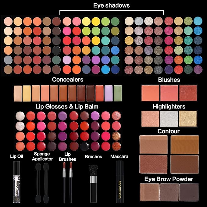 Professional All in One Makeup Kit for Women Full Kit,186 Colors Make Up Palette Christmas Gift Set, Including Eyeshadow,Lip Gloss,Concealer,Highlighter,Contour,Brow Powder,Mascara,Blush & Brush