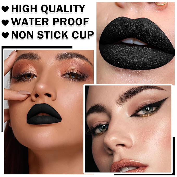 Black Matte Lipstick and Lip Liner Pencil Set Black Liquid Lipstick Lip Gloss Set Smudge Proof Long-lasting, Suitable for Halloween Goth Cosplay Makeup Lip Makeup