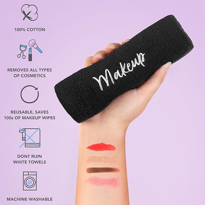 Arkwright Makeup Towels - Pack of 6 - Super Soft 100% Cotton, Gentle & Lightweight Face Make Up Remover Washcloths, Guest Essentials for Hosts & Artists, 13 x 13 in, Black