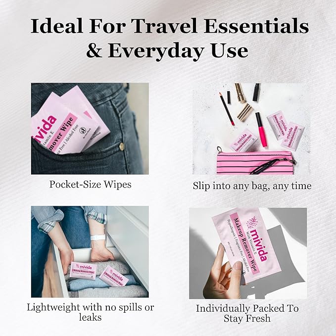 mivida 60 Count Individually Wrapped Makeup Remover Wipes With Vitamin E | Fragrance-Free, Alcohol-Free Hypoallergenic single make up removing wipes | Hotel Travel Size Toiletries