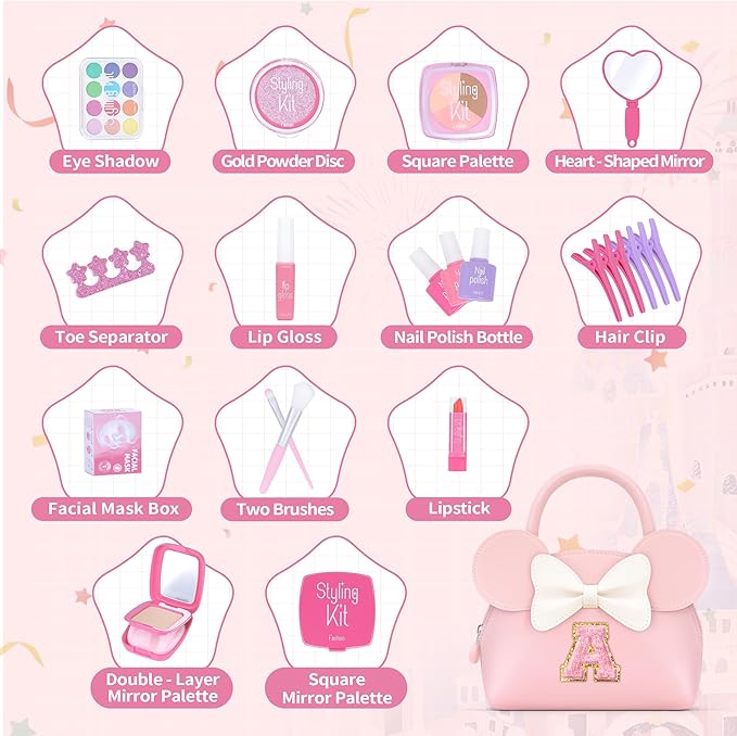 Kids Real Makeup Kit for Girls - 21Pcs Non-Toxic Make Up Toys with Initial Toddler Purse - Personalized Birthday Gifts for Age 5 6 7 8 9 10 Years Old Girls Vanity Set - A