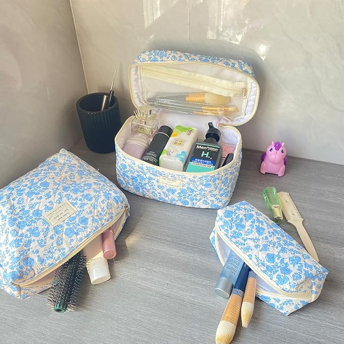 Blue Large Quilted Floral Makeup Bag Set of 3 Cute Coquette Aesthetic Cosmetic Bag Set Travel Toiletry Bag for Women