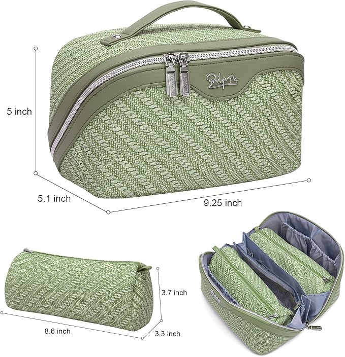 BOYATU Travel Makeup Bags for Women: Large Cosmetic Bag Waterproof - Vegan Leather Make up Bag Set of 3 - Compact Toiletry Organizer with Compartments & Handle & Divider (Z-Green)
