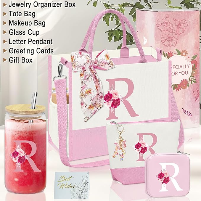 Monogrammed Gifts for Women,Personalized Gifts for Women,Initial Canvas Tote Bag,16oz Initial Glass Cup,Initial Makeup Bag,Initial Jewelry Organizer Box,Birthday Gifts for Aunt Niece-R