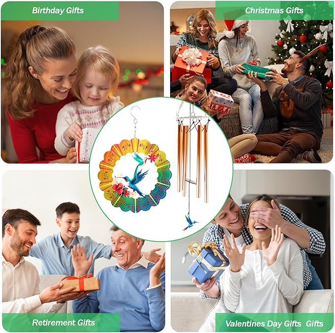 Wind Chimes with Hummingbird Wind Spinner, Mom Gifts for Christmas Grandma Mom Women Birthday Retirement Teacher, 31" Windchimes Outdoor Decor Hanging Mobile for Garden Porch Patio Backyard