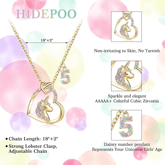 Hidepoo Birthday Unicorns Gifts for Girls - Unicorn Necklace Birthday Gift for 3-16 Year Old Girl Colorful CZ Heart Pendant Unicorn Necklace for Girls Gifts Jewelry