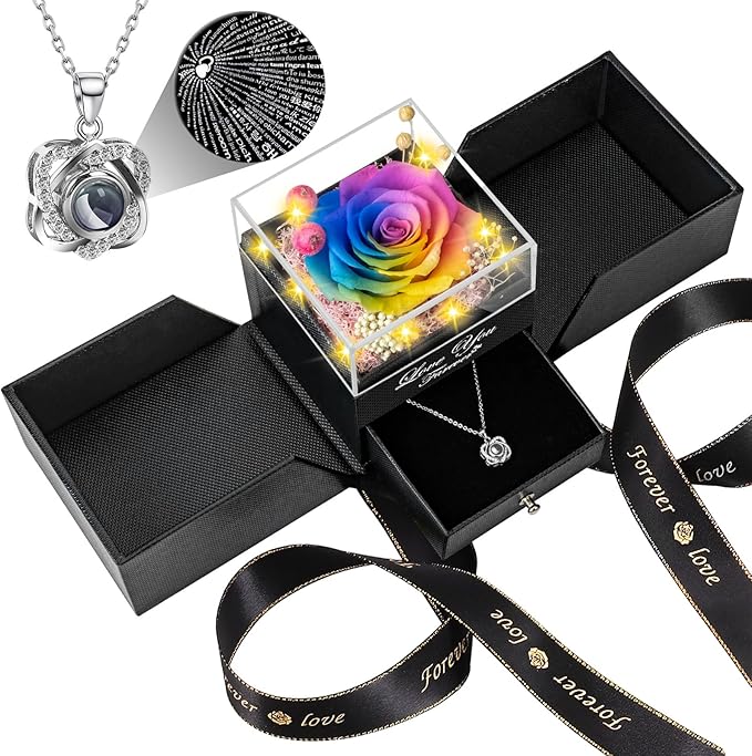 Preserved Color Real Rose with Heart I Love You Necklace -Eternal Flowers Rose Birthday Gifts for Women Her Mom Wife Girlfriend Grandma on Valentines Mothers Day Christmas Anniversary Romantic- Color