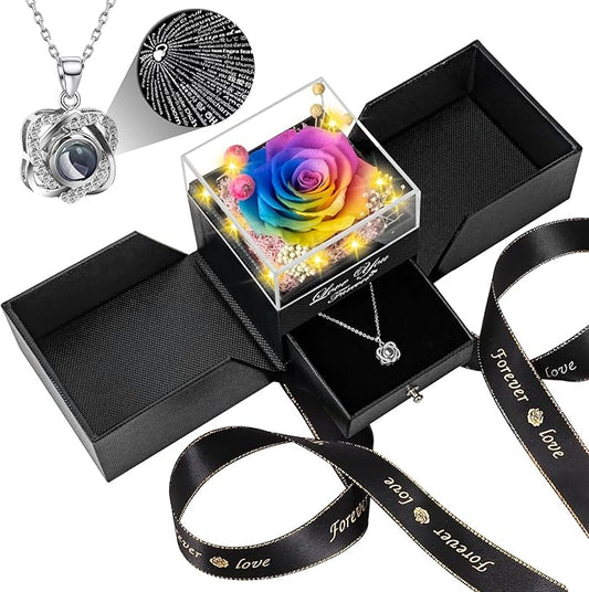 Preserved Color Real Rose with Heart I Love You Necklace -Eternal Flowers Rose Birthday Gifts for Women Her Mom Wife Girlfriend Grandma on Valentines Mothers Day Christmas Anniversary Romantic- Color