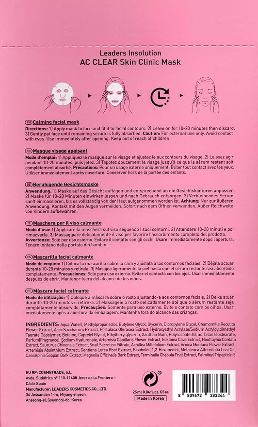 Leaders Insolution AC Clear Skin Clinic Mask | Snail Secretion & Tea Tree Oil for Acne, Redness, Oil Control | 100% Cotton Bemliese Sheet | Balances & Soothes Sensitive Skin (5 Sheets)