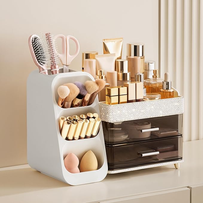 HBlife Makeup Organizer with Brush Holder for Vanity, Large Plastic Bathroom Countertop Organizer Skin Care Storage, Easy to Store Lipsticks, Nail Polishes, Perfumes, Eyeshadow Palettes, Pearl White