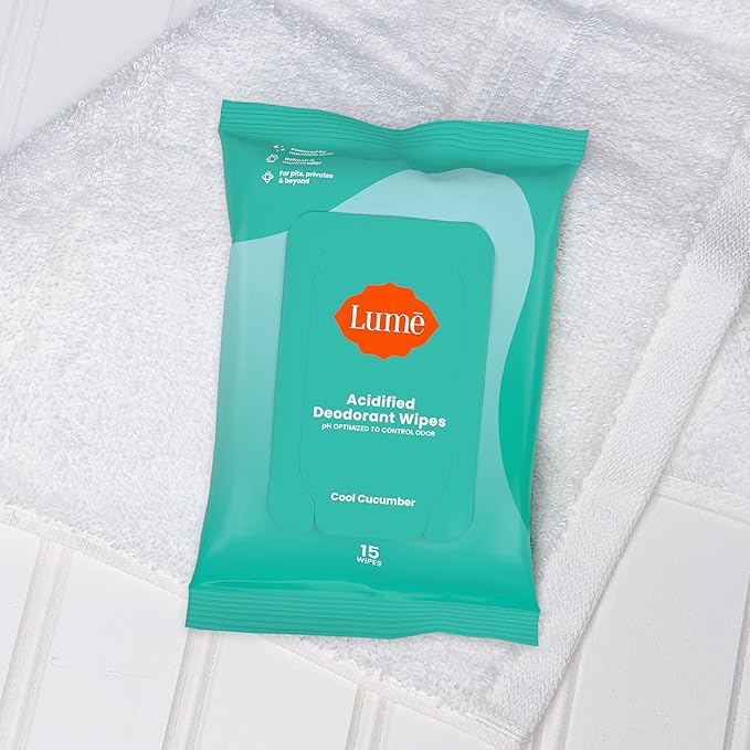 Lume Acidified Deodorant Wipes - 24 Hour Odor Control - Aluminum Free, Baking Soda Free, Skin Loving - Flushable - 15 Count (Pack of 3) (Cool Cucumber)