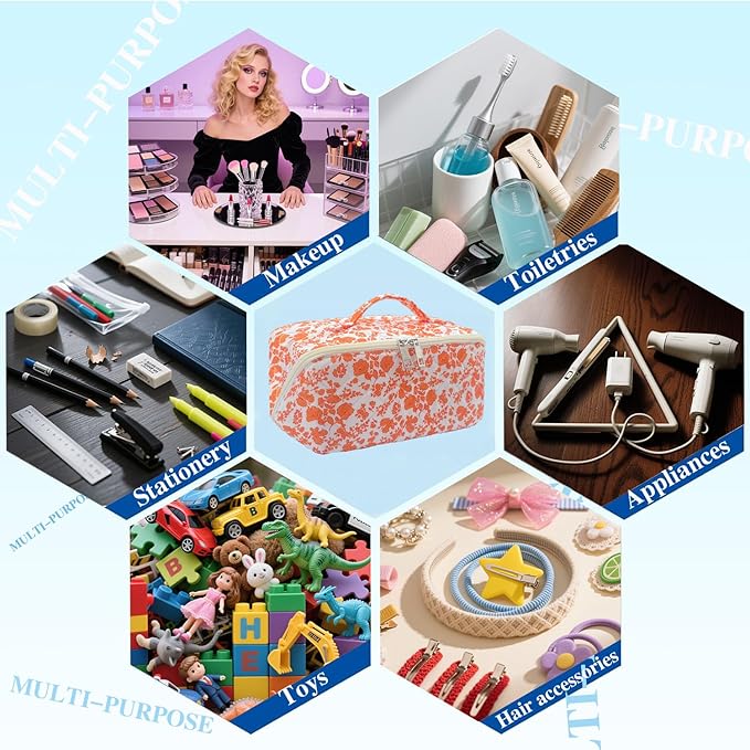 Orange Large Quilted Floral Makeup Bag Cute Coquette Aesthetic Cosmetic Bag Open Flat Travel Toiletry Make up Bag for Women