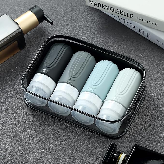 Travel Bottles for Toiletries, Tsa Approved 2oz Travel size Bottles, BPA Free Leak Proof Travels Toiletry Containers, Traveler Accessories with Toiletry Bag for Shampoo Liquid (4 Pack)