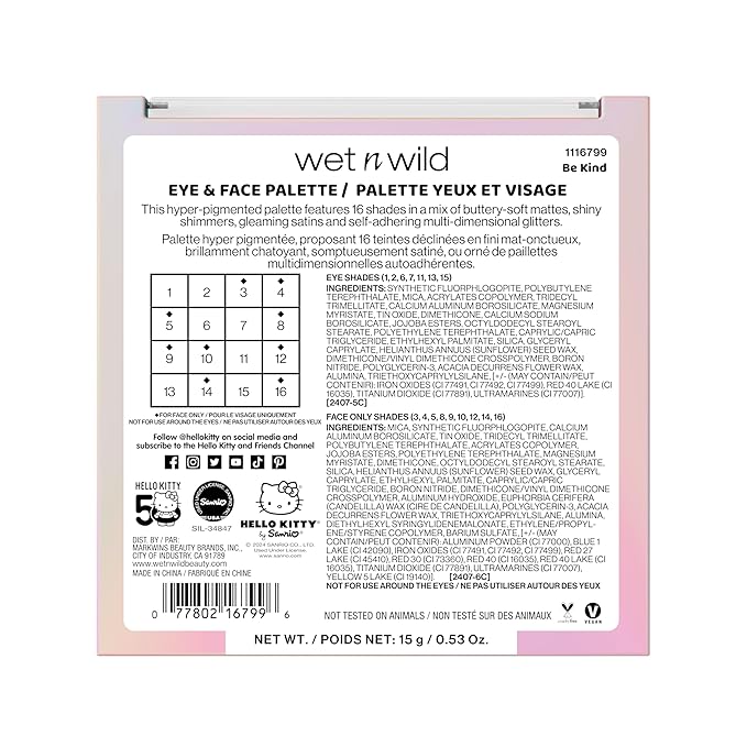 wet n wild Hello Kitty Eye & Face Palette, 2 Bold Richly Pigmented Palettes, Multi-Functional Buildable and Blendable Formula, Cruelty-Free & Vegan - Be Kind