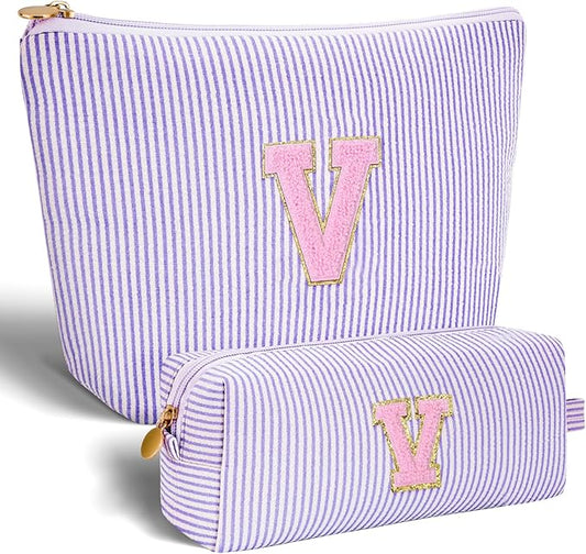 Personalized Makeup Bag for Women Girls - Fashion Cosmetic Bag Trendy Travel Toiletry Bag with Initials Letter - Teen Gifts - Lavender,V