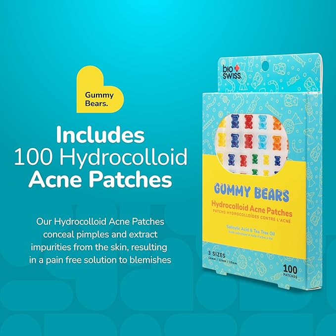 BioSwiss Pimple Patches, Gummy Bears Patch for Zits and Blemishes, Hydrocolloid Spot Stickers for Face and Skin, 100 Count