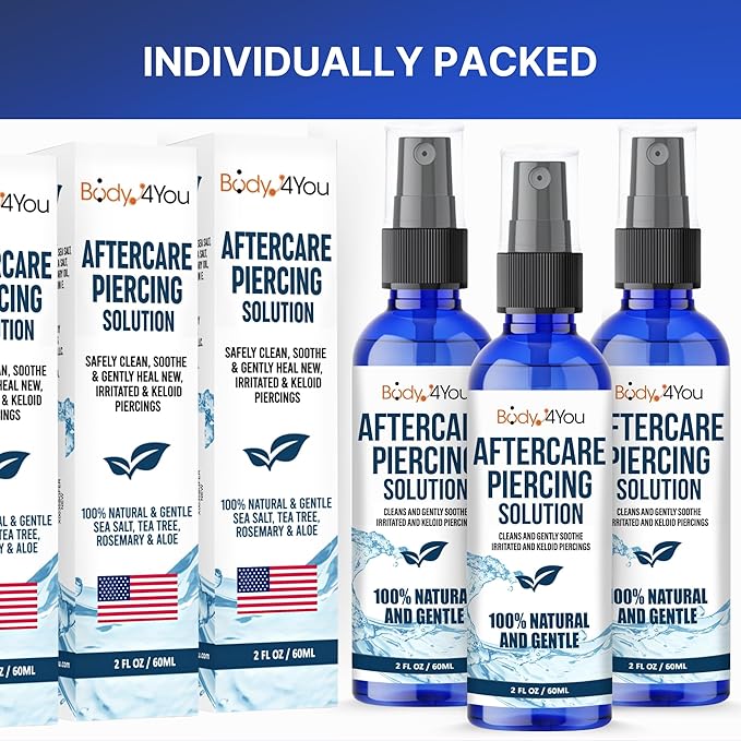 BodyJ4You Piercing Aftercare Spray - Saline Solution Natural Keloid Bump Removal - Ear Piercing Cleaner Nose Septum Belly Button Cartilage - Sea Salt Aloe Vera Rosemary - Fine Mist 2x2 Fl Oz