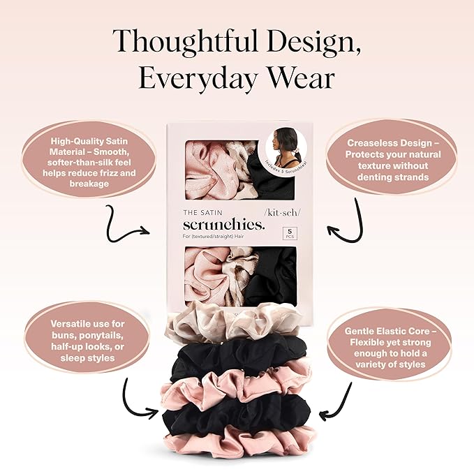 Kitsch Satin Scrunchies for Women - Softer Than Silk Scrunchies | Hair Ties No Damage for Frizz-Free Sleep | Perfect for Day or Night Hair Accessories | Ideal Gifts for Women - Assorted, 5pcs